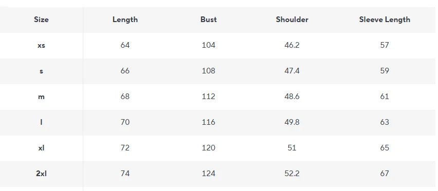 Nofs Sweatshirt Size Chart